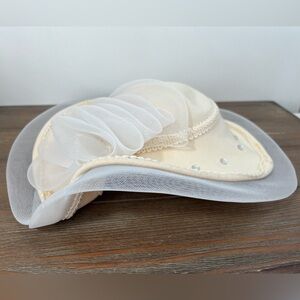 Vintage 100% Wool Cream Wide Brim Hat with Rhinestones & Mesh Ribbon Accents